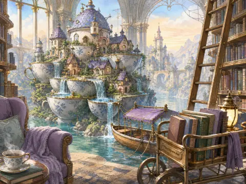 A miniature fairy village built inside cascading porcelain teacups within a sunlit palace library.