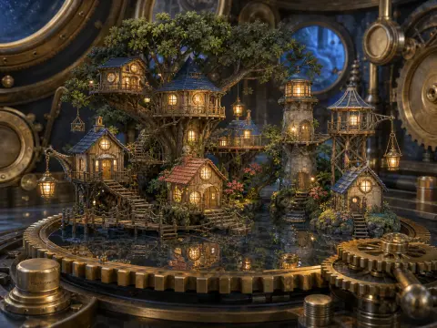 Miniature wooden village with a treehouse and lighthouse set within giant brass clockwork gears.