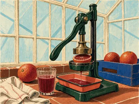 A vintage green mechanical juicer pressing a halved blood orange on a tiled counter with a glass of juice.