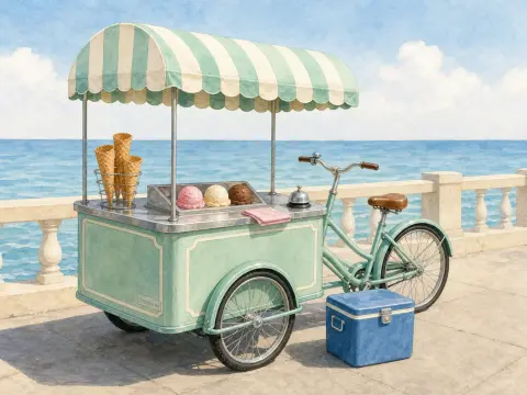 A vintage mint-green ice cream tricycle parked along a stone promenade overlooking the calm sea.