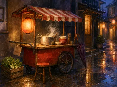 A wooden street food cart with a glowing lantern and steaming pot on a rain-soaked cobblestone alley at night.