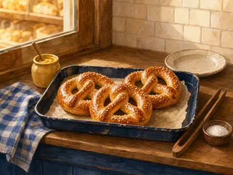 Three salted soft pretzels rest on a blue baking tray beside a jar of mustard on a sunlit wooden bakery counter.