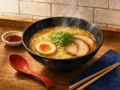 A steaming bowl of ramen with pork, soft-boiled egg, and scallions on a wooden counter with a red spoon and chopsticks.