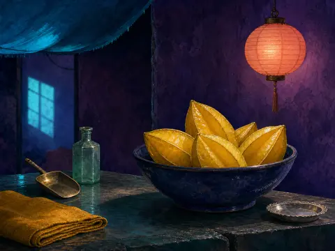 A blue bowl heaped with bright yellow starfruit on a rustic table beneath a glowing paper lantern.