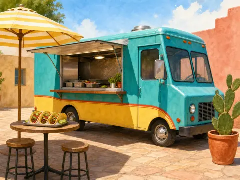 Turquoise and yellow taco food truck parked in a sunny courtyard with tacos on a patio table.