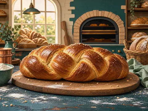 A glossy braided loaf of bread rests on a wooden board inside a rustic bakery with a stone oven in the background.