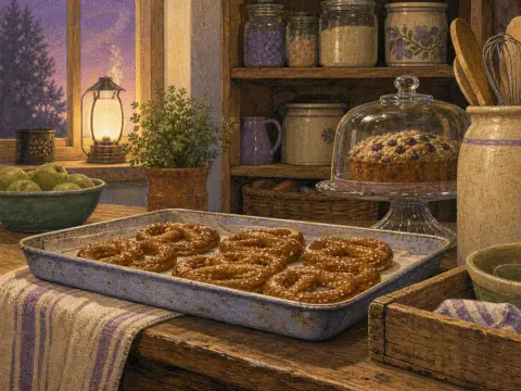 A tray of fresh salted pretzels on a rustic wooden counter beside a lit lantern, green apples, and pantry shelves.