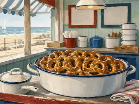 A large white enamel bowl filled with golden pretzels sits inside a seaside kiosk overlooking a sunny beach and ocean.