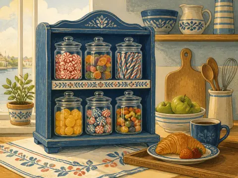 Six glass jars filled with colorful sweets sit inside a painted blue cabinet next to a croissant and coffee.