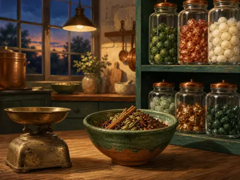 A bowl of whole spices and an antique scale on a wooden table beside jars of sweets on teal shelves.