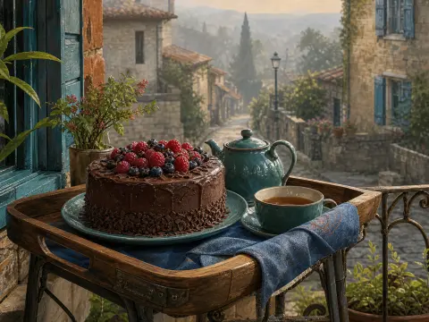 A berry-topped chocolate cake and teal tea set on a wooden tray overlooking a rustic stone village street.