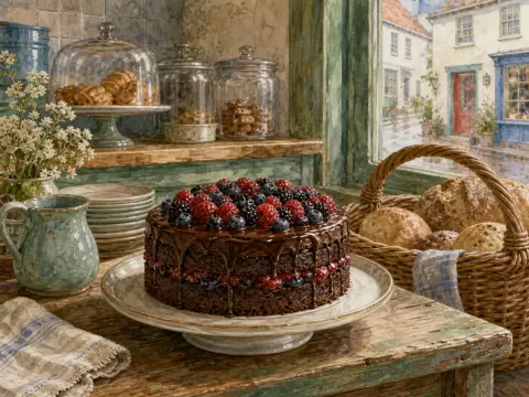 Chocolate layer cake topped with berries on a counter next to a bread basket and a window view of a village street.