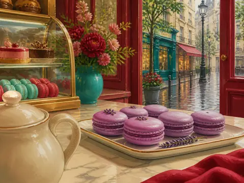 Fresh purple macarons on a bakery counter overlooking a charming rain-soaked city street.