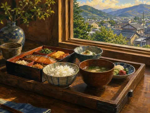 Traditional Japanese breakfast tray with salmon, rice, and miso soup set by a window overlooking a sunny village.