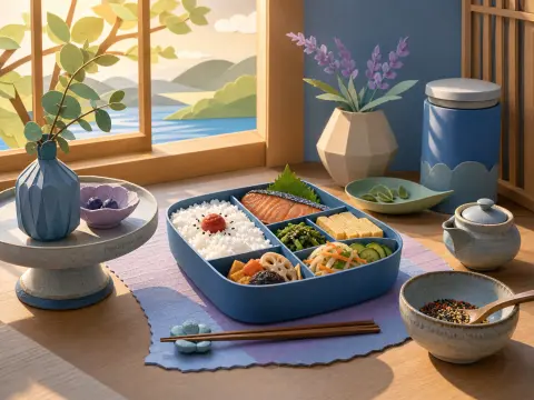 A crafted Japanese bento box with grilled salmon, rice, and sides rests on a sunny table by a scenic window.