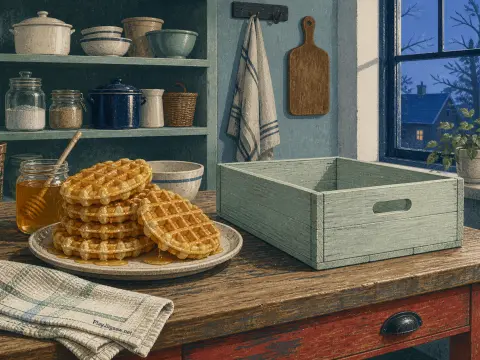 Stack of honey-drizzled waffles on a rustic kitchen counter beside an empty wooden crate and shelves.