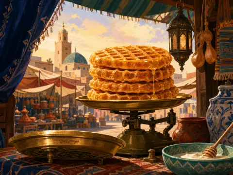 A stack of syrup-drizzled waffles rests on an antique brass scale overlooking a sunlit Middle Eastern marketplace.