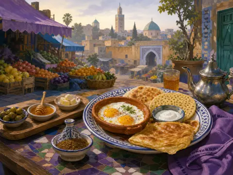 A Moroccan breakfast spread with fried eggs, flatbreads, honey, and tea overlooking an old city market.
