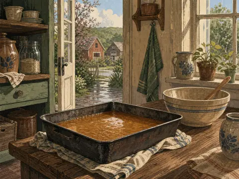 A large pan of fruit butter cools on a rustic wooden counter next to an open door looking onto a country garden.