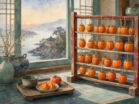 Rows of bright orange persimmons dry on a wooden rack by an open window overlooking a misty lake and pavilion.