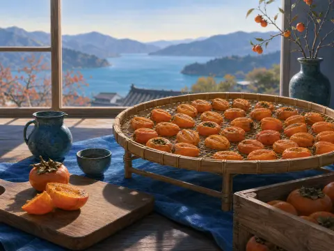 Persimmons drying on a bamboo tray by an open window overlooking a lake and distant mountains.