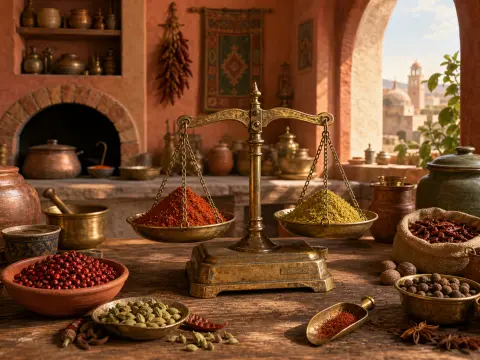 An antique brass scale weighing red and yellow spices on a wooden table surrounded by various whole spices and bowls.