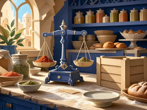 A blue balance scale measures red and green spices on a kitchen counter near a sunlit arched window.