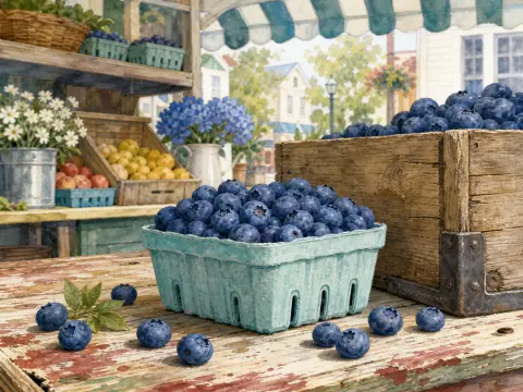 Fresh blueberries in a teal basket and wooden crate displayed on a weathered table at a village market.