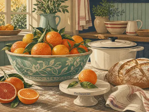 A kitchen counter featuring a patterned bowl of oranges, fresh bread, sliced citrus, and a white pot in morning light.