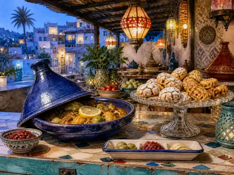 A blue ceramic tagine and sweet pastries sit on a terrace table under glowing lanterns with a village behind.