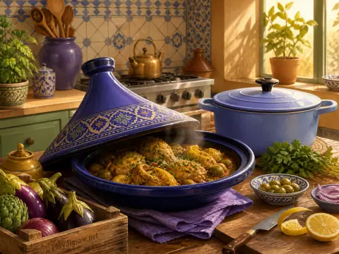 Steaming Moroccan chicken tagine with lemons and olives served in a blue ceramic dish on a sunny kitchen counter.