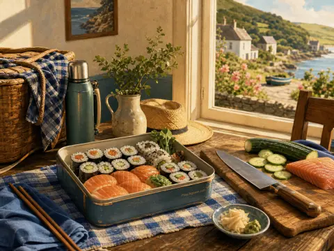 A box of sushi and fresh ingredients on a rustic table by an open window overlooking a coastal village.
