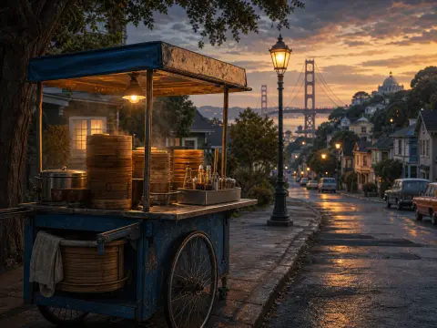 A blue food cart with steaming bamboo baskets parked on a sloping city street overlooking a bay and suspension bridge.