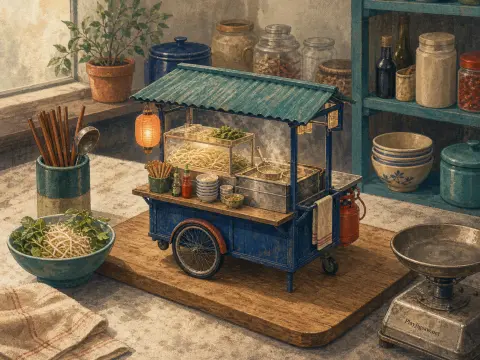 A detailed miniature blue noodle street cart with a glowing paper lantern and steam set on a kitchen cutting board.