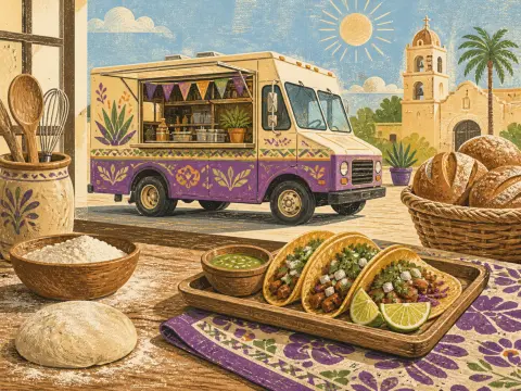 Three garnished tacos on a wooden table overlooking a vintage purple food truck parked near a sunny mission plaza.