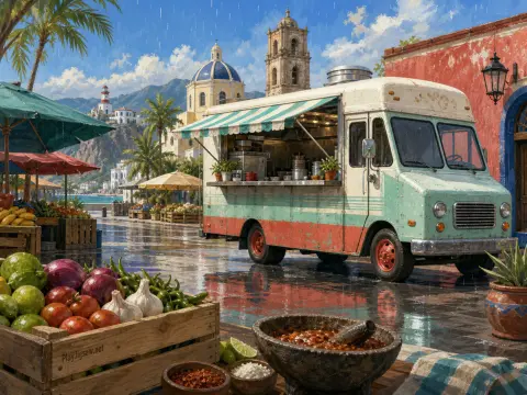 Vintage food truck parked in a wet coastal plaza beside crates of fresh vegetables and bowls of salsa.