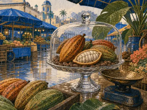 Fresh cocoa pods displayed under a glass cloche at a rainy outdoor market stall with an antique scale.
