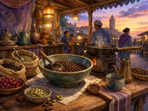 Bowls of roasted coffee beans, cardamom pods, and a roasting pan over hot coals at an open-air sunset bazaar.