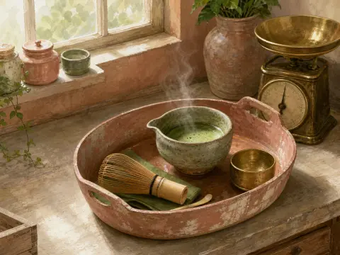 Steaming matcha tea in a ceramic bowl with a bamboo whisk on a rustic tray beside a sunny window.