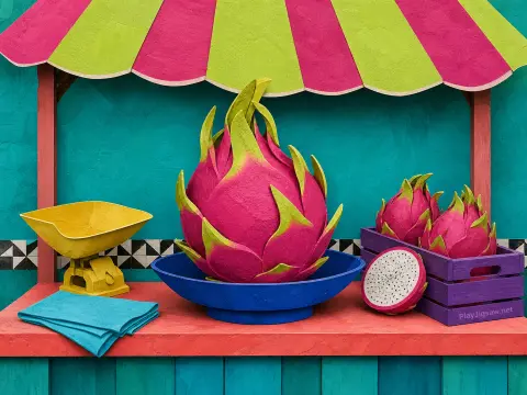 Sculpted paper dragon fruit display on a red market counter beneath a pink and lime striped awning.