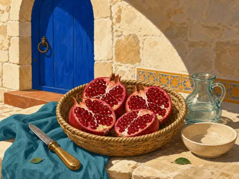 A woven basket filled with cut pomegranates sits on a stone terrace beside a knife, glass jug, and blue doorway.