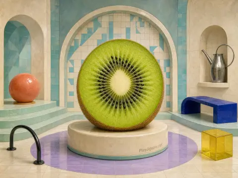 A massive cut kiwi fruit displayed on a pedestal inside a classical courtyard with pastel tile arches and objects.