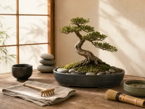Bonsai tree in a ceramic dish on a wooden table beside stacked stones, a miniature rake, and a shoji screen.