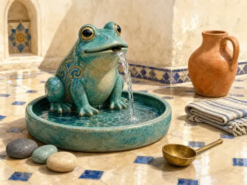 Glazed turquoise ceramic frog fountain spouting water into a basin on a tiled patio beside a clay jug.