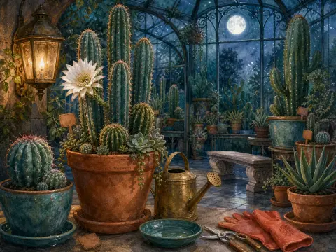 Potted cacti and succulents inside a glass greenhouse illuminated by a lantern and a full moon.