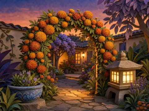 A stone courtyard path flanked by a glowing lantern and framed by an archway of vibrant orange marigolds at twilight.