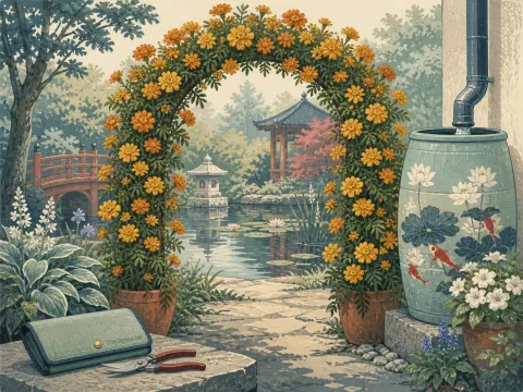 A flowering archway frames a peaceful garden pond with a red bridge, stone lantern, and painted rain barrel.