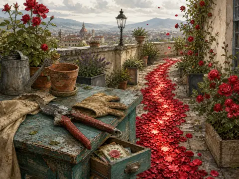 Gardening tools on a wooden bench beside a stone terrace walkway strewn with red rose petals, overlooking Florence.