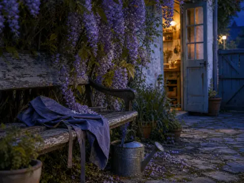 Wooden garden bench draped with wisteria blossoms and a blue apron outside an open cottage doorway at dusk.