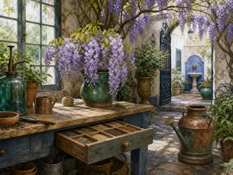 Wooden garden potting bench with seed drawer and blooming purple wisteria overlooking a sunlit courtyard fountain.